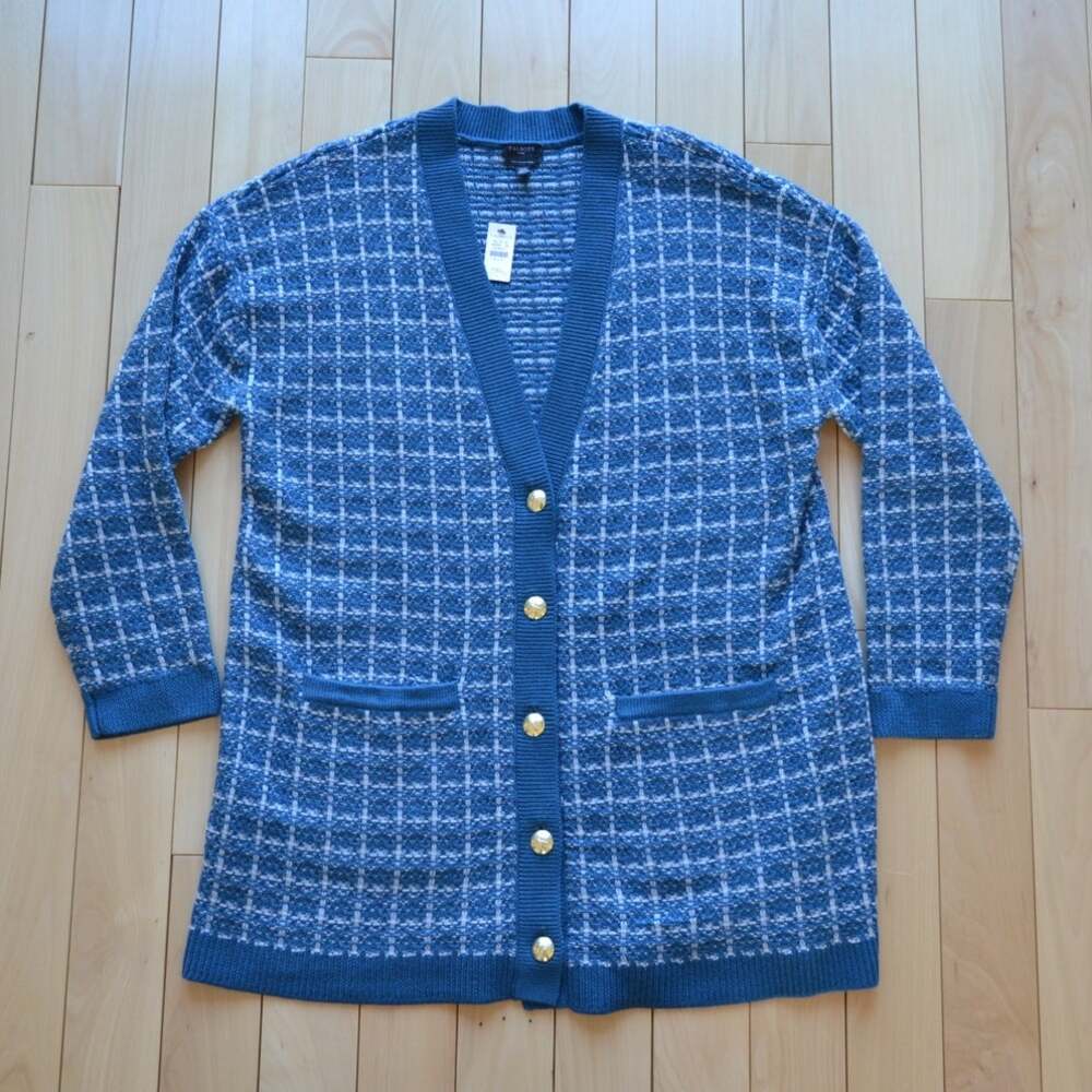 NWT Talbots Merino Wool Knit Cardigan Sweater Blue White Size XL